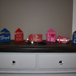 Mini houses, book stack, custom tag/beads for $8 each.